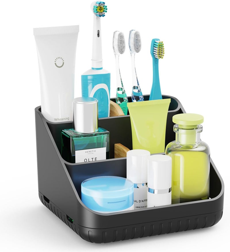 Chintu Toothbrush Holders Bathroom Countertop Organizer-Electric Tooth Brushing Holder 6 Slots Toothbrush Caddy for Counter Organization Kids Family Toothpaste Holder for Vanity Storage Black - Image 1